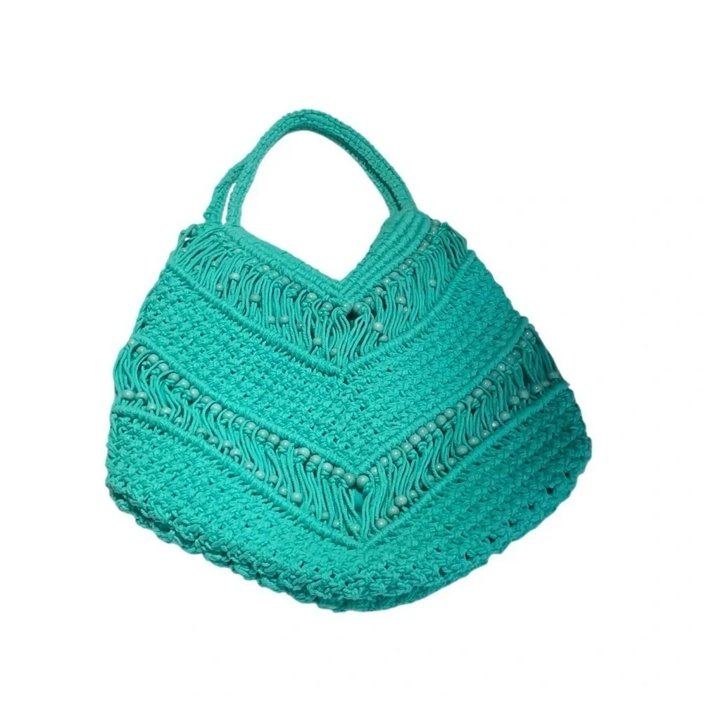 Macrame Shoulder Bag Aqua Beaded Boho Hippie Summer made in India